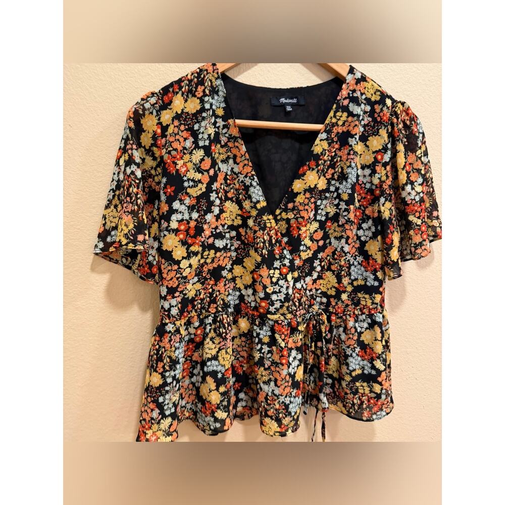 Madewell Floral V-Neck Peplum Top - Black/Multicolor XXS - Picture 2 of 6